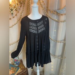 Free People Black Embellished Long Sleeve Tunic Dress